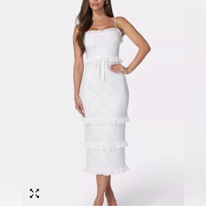 bebe White Floral Lace Midi Dress Women's Tiered Ruffle S NWT